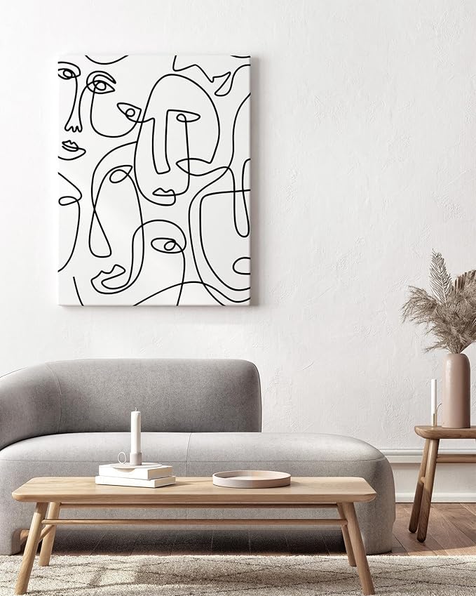 Abstract Face Pattern Wrapped Canvas Wall Art Collage of Modern Faces Continuous Line Drawing 24x36 Inch Gallery Stretched Modern Home Art Decor