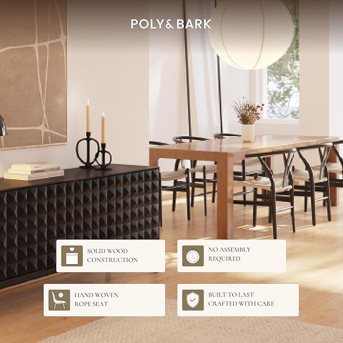 Poly & BARK Weave Dining Chairs – Mid-Century Modern Wishbone Dining Chairs with Arms, Solid Wood Frame, Indoor Use – Black – Set of 2 - Ideal for Dining Room, Kitchen or Stylish Accent Setting