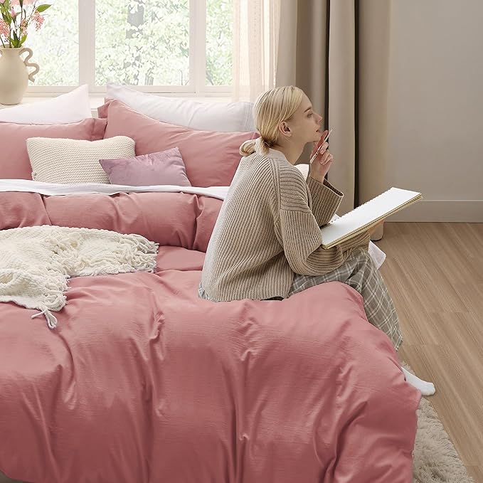 Bedsure Pink Clay Duvet Cover King Size - 3 Pieces Prewashed Cotton-Like Extra Soft Bedding Set, Includes 1 Duvet Cover 104x90 Inches with Zipper Closure & 2 Pillow Shams, Comforter Not Included