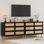 GarveeHome Rattan 6 Drawer Dresser, Modern Chest of Drawers with Gold Legs and Gold Handles, Wide Double Dresser with Large Tabletop and Anti-Tipping Design for Bedroom Living Room, Black