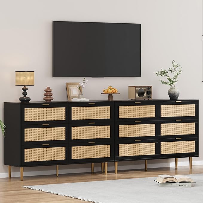 GarveeHome Rattan 6 Drawer Dresser, Modern Chest of Drawers with Gold Legs and Gold Handles, Wide Double Dresser with Large Tabletop and Anti-Tipping Design for Bedroom Living Room, Black