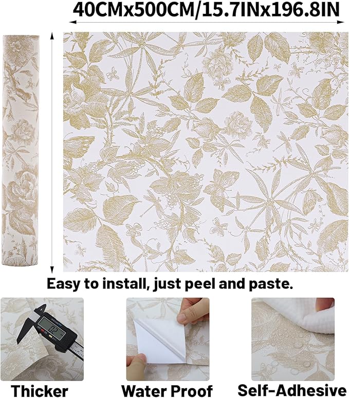 Drawer Liner Contact Paper for Dresser Peel and Stick Wallpaper Sketched Design 15.7x196.8in Self Adhesive Removable Champagne Maroon Rose Floral Butterfly Vintage Cabinet Shelf Renter Friendly