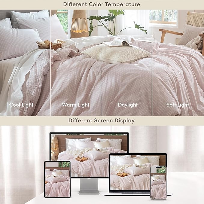 MooMee Striped Duvet Cover Set 100% Washed Cotton Linen Like Textured Breathable Durable Soft Comfy (Heathered Greyish Pink White Wide Stripes, Full 80"x90")