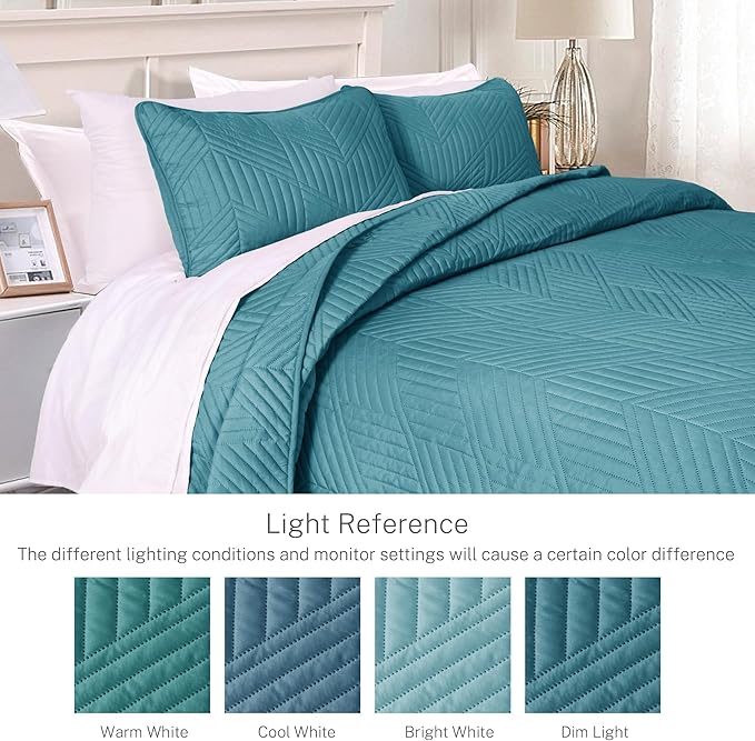 Exclusivo Mezcla Ultrasonic Twin Quilt Bedding Set, Lightweight Teal Bedspreads Soft Modern Geometric Coverlet Set for All Seasons (1 Quilt and 1 Pillow Sham)