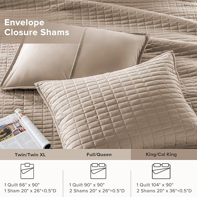 Comfort Spaces Kienna Quilt Set- Double Sided Stitching Design Summer Blanket, Lightweight, Soft, All Season Bedding Layer, Matching Sham, Taupe, Coverlet King (104"x90") 3 Piece