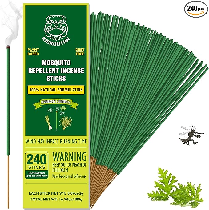 KICKOUTOR® Mosquito Repellent Outdoor Patio 240 PCS Natural Citronella Incense Sticks DEET Free Lemongrass Oil Gnat Mosquito Control for Indoor Backyard Travel Camping