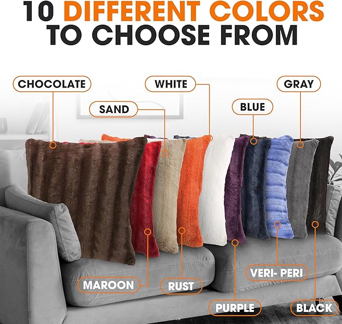 Cheer Collection Faux Fur Throw Pillows - Decorative Pillows for Couch, Bed Throw Pillows, Chocolate Accent Pillows for Bedroom or Living Room Aesthetic, Set of 2 Furry Throw Pillows, 16" x 16"