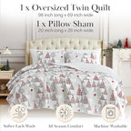 Southshore Fine Living, Inc. Twin Christmas Quilt Set w/Matching Pillow Sham, Reversible Holiday Bedding Set, Quilt Coverlet, Twin/XL, Cute Christmas Tree Design - Red, White & Silver