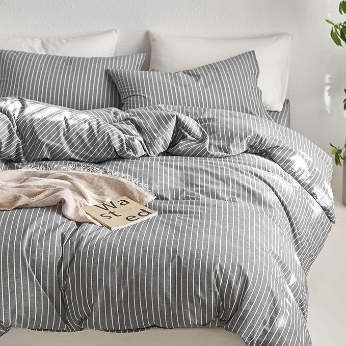 MooMee Striped Duvet Cover Set 100% Washed Cotton Linen Like Textured Breathable Durable Soft Comfy (Dark Grey White Wide Stripes, Oversized King Plus 128"x120")