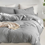 MooMee Striped Duvet Cover Set 100% Washed Cotton Linen Like Textured Breathable Durable Soft Comfy (Dark Grey White Wide Stripes, Alaska King 132"x120")
