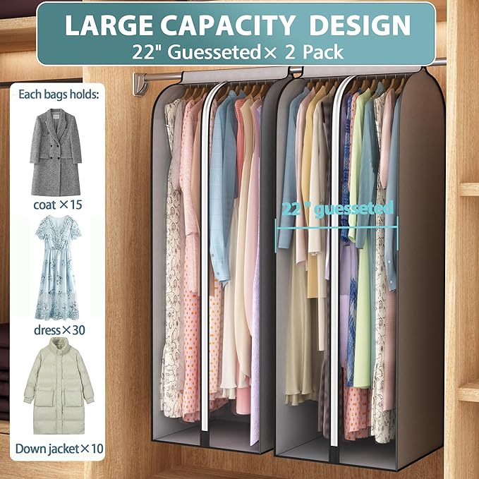 22” Gusseted Garment Bags for Hanging Clothes, Large Clear Window Clothes Cover for Closet Storage, Wardrobe Coat Protector for Suit, Shirt Long Dress, Bottom Enclosed, 2 Pack, 60” Long