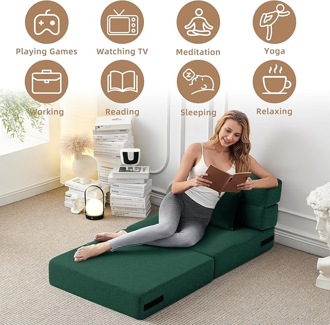 FILUXE Convertible Folding Sofa Bed-Sleeper Chair with Pillow, Modern Linen Fabric Floor & Futon Couch, Foldable Mattress for Living Room/Dorm/Guest Use/Home Office/Apartment, Single Size,Dark Green