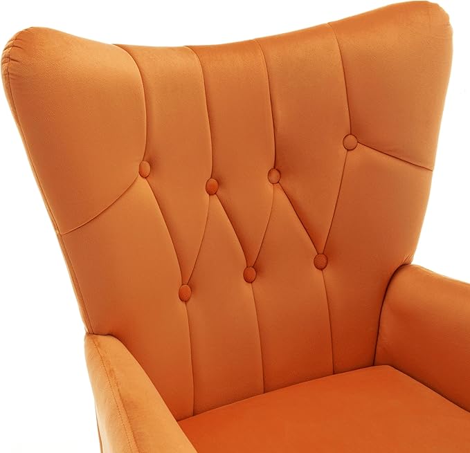 Modern Chic Mid-Century Velvet Accent Armchair for Living Room, Bedroom, or Home Office, Button-Tufted Wingback Design with Gold Flared Legs, Orange