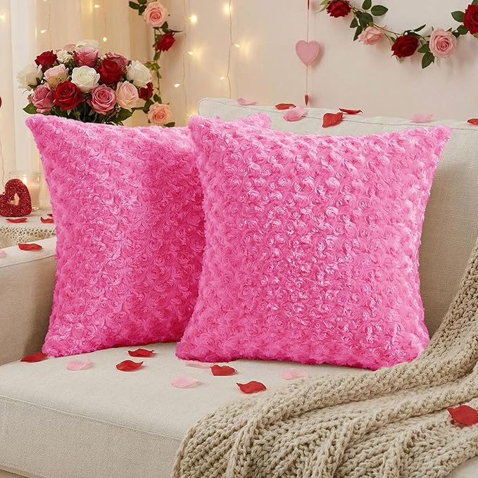 FUTEI Hot Pink Decorative Throw Pillow Covers 18x18 Inch Set of 2,Soft Solid Rose Swirl Textured Cushion Case,Valentine's Day Decor for Couch Living Room