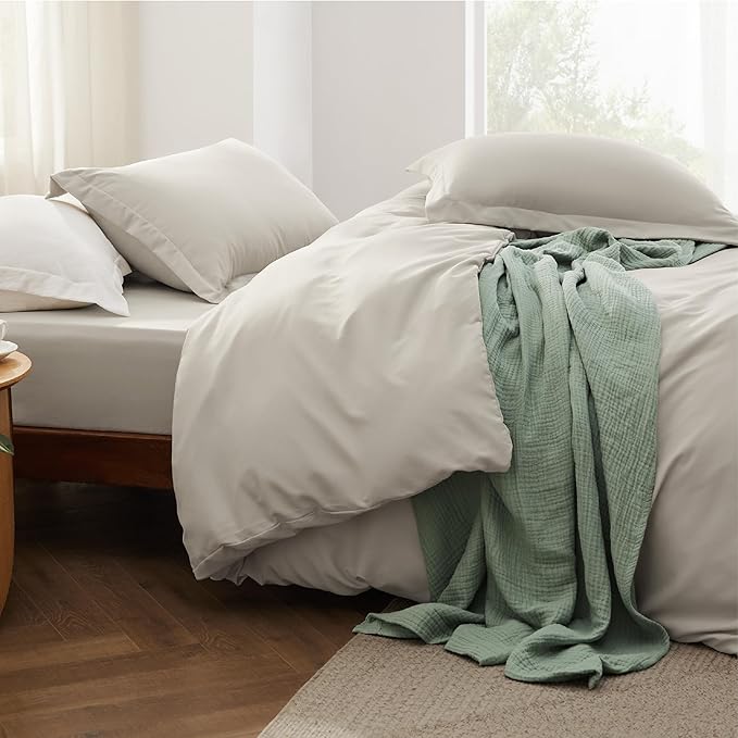 Bedsure California King Size Duvet Cover with Fitted Sheet - 4 Pieces Prewashed Cotton-Like Polyester Extra Soft Bedding Set, Includes 1 Duvet Cover 104''x98'', 2 Pillow Shams, 1 Fitted Sheet, Linen