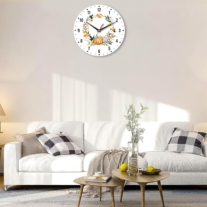 SPUNKER Thanksgiving Day Wall Clock,Autumn Pumpkin Kitchen Wall Clock,Maple Leaves Flower Clocks 10 Inch Silent Non-Ticking Wall Battery Operated for Living Room Bedroom Bathroom Laundry Room Decor