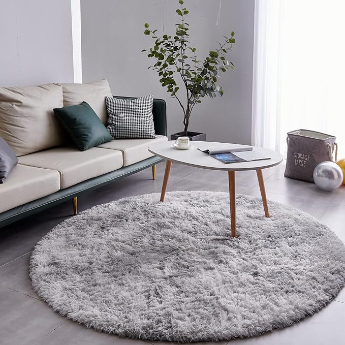 FJZFING Tie-Dyed Light Grey Round Rug Ultra-Soft Plush Modern 7x7 Circle Area Rug for Kid's Bedroom, Fluffy Shag Circular Rug for Nursery Room, Non-Slip Tie-Dyed Light Grey Rug for Teen's Room