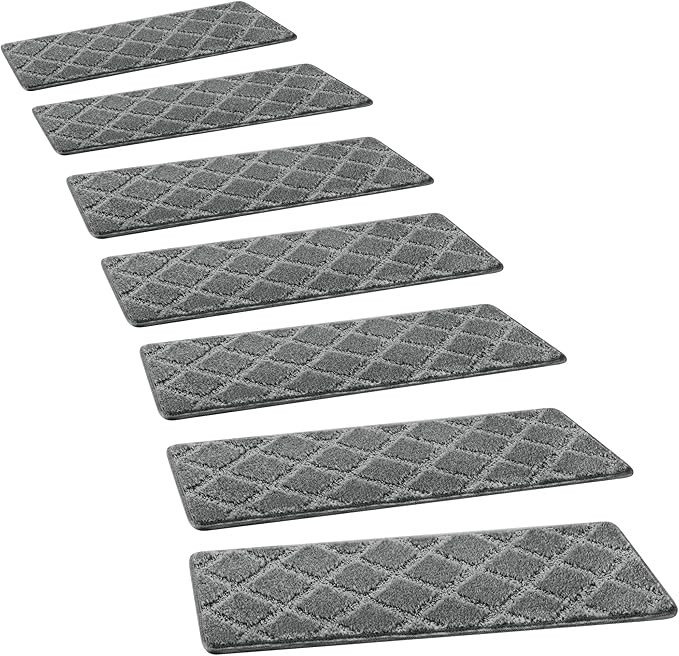 PURE ERA Carpet Stair Treads Tape Free Non Slip Indoor Stair Carpet Stair Protectors Pet-Friendly Non-Slip Skid Resistant Washable Reusable 8" x 30"(2 Pieces,Gray Diamond Trellis)