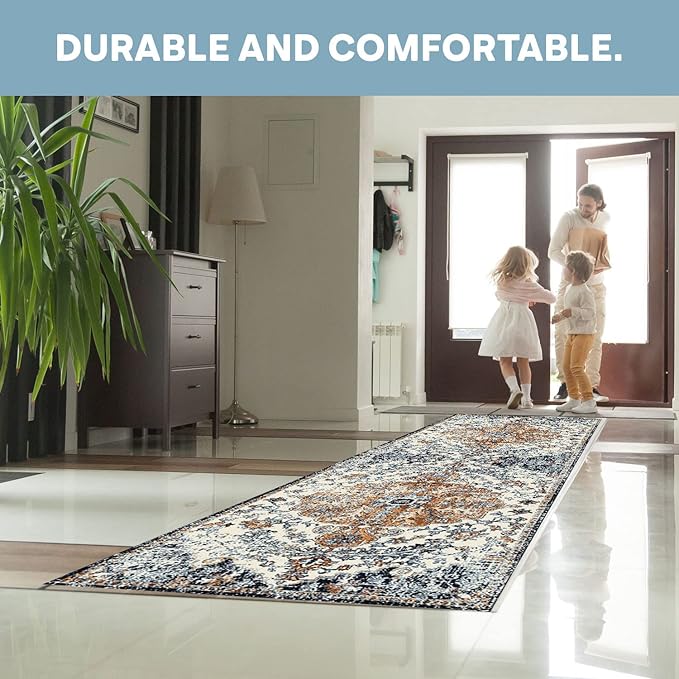 MICRODRY Runner Rug, Low-Profile Design for Sleek, Bulk-Free Look. Machine Washable, Stain-Resistant, Skid-Resistant Backing, Ideal for Bedroom Hallway, Kitchen, or Entryway, 2x7', Yasmin (Blue/Rust)