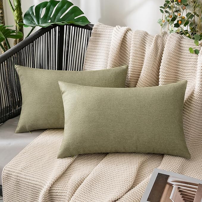 MIULEE Pack of 2 Decorative Outdoor Solid Waterproof Throw Pillow Covers Spring Faux Linen Garden Farmhouse Cushion Cases for Patio Tent Balcony Couch Sofa 20x12 Inch Light Olive Green
