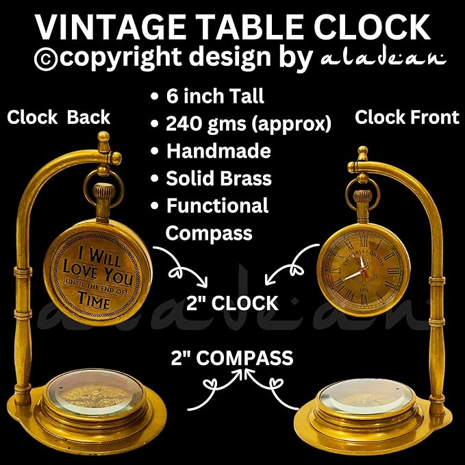 Anniversary Table Clock Compass Gift for Him Her | Vintage Decorative Desk Clock Romantic Gift Ideas for Husband Wife Wedding Anniversary Celebration Gift lovers boyfriend girlfriend (LOVE YOU - NEO)