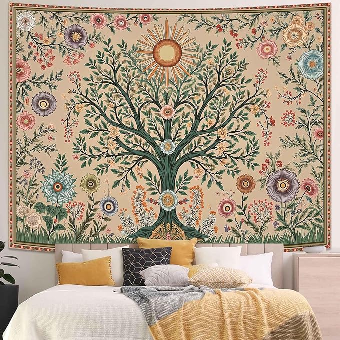 Lunerfex Chakra Tree Wall Tapestry - Celestial Sun & Floral Wall Hanging for Bedroom and Living Room - Boho Spiritual Decor Tapestries 48"x36"