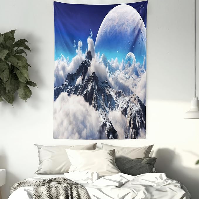 Ambesonne Fantasy Tapestry, Celestial View of Snow Capped Mountains and Alien Planet Print, Fabric Wall Hanging Decor for Bedroom Living Room Dorm, 23" X 28", White and Navy Blue