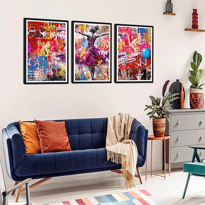 Novatique Graffiti Wall Art for Living Room Banksy Wall Art Colorful Dance Painting Print Framed Ready to Hang,16" x 24" x 3pcs
