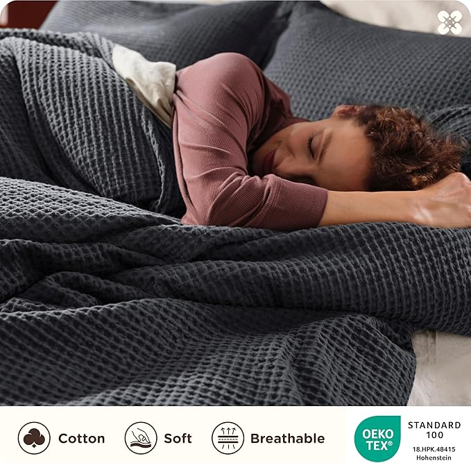Bedsure Cotton Duvet Cover Full - 100% Cotton Waffle Weave Charcoal Duvet Cover Set, GentleSoft™ and Breathable Bedding Set for All Season, 3 Pieces, 80"x90"