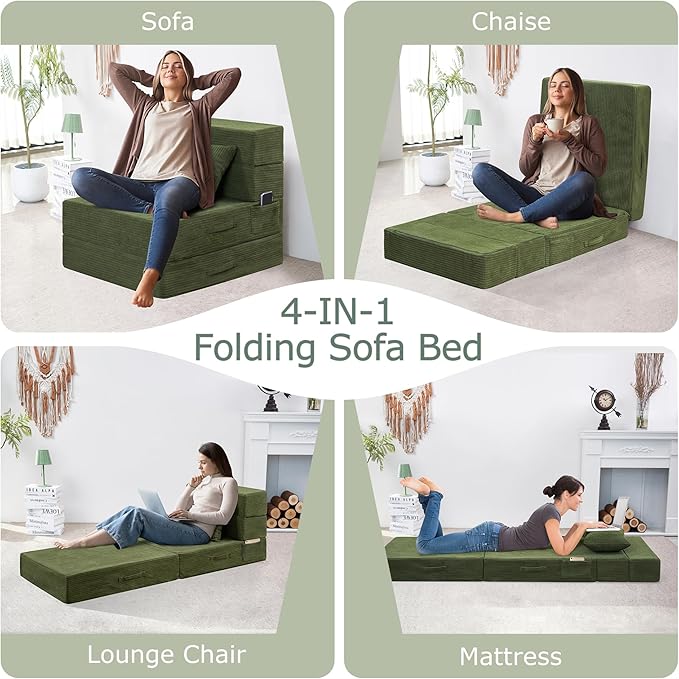Folding Sofa Bed, 4 in 1 Convertible Sleeper Chair with Pillow, Single Memory Foam Fold Out Chair Bed, Modern Floor Futon Sofa Couch Mattress for Living Room/Guest/Apartment, Green