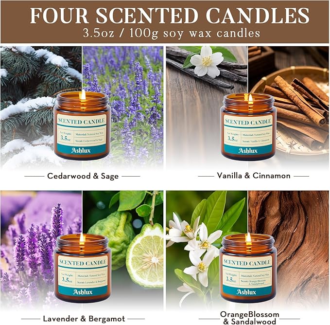 4 Pack Scented Candles as Candle Gift Set, Candle Set for Women, Long Lasting Soy Wax Amber Jar Aromatherapy Candles for Stress Relief, Home Decoration, Birthday, Valentine's Day