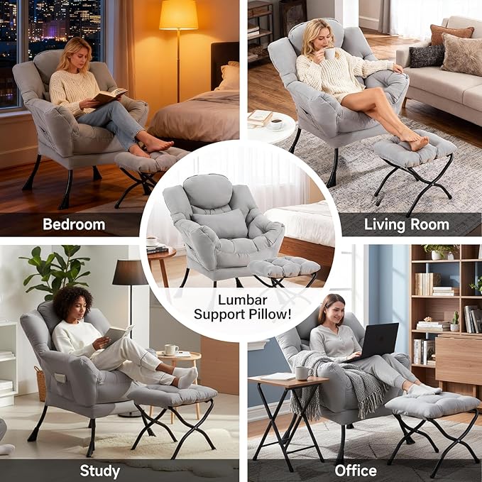 Lazy Chair with Ottoman, Modern Accent Chair with Lumbar Pillow, Grey Sofa, Lounge Chairs with Folding Footrest, Oversized Supportive Chairs for Bedroom, Reading
