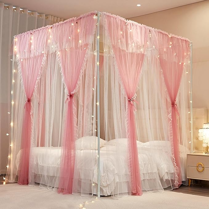 4 Corners Post Princess Curtains Bed Canopy for Girls 8 Panels Curtain- Double Layer Sheer Mesh Canopies Drapes Girls Room Decor (8P-Pink/White, 4P(43"x82") W+4P(43"x82") L/(King))