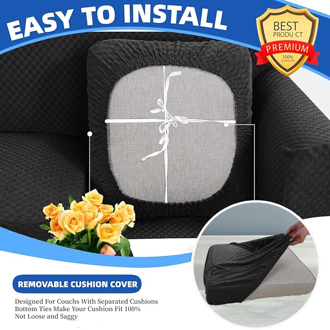 YEMYHOM Stretch Individual Cushion Covers Sofa Chair Seat Cushion Slipcovers Soft Couch Cover Replacement Large Checkered Furniture Protector with Elastic Bottom (1 Pc Cushion Cover, Black)