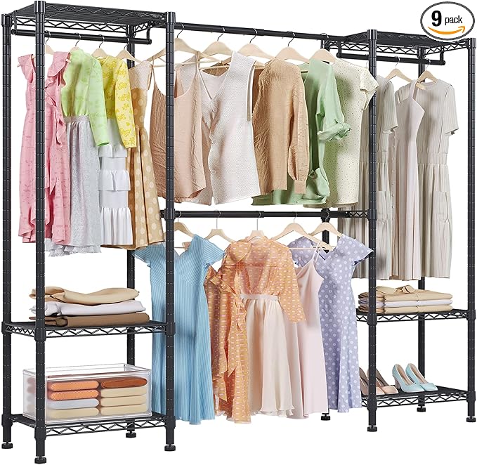 H10 Clothing Rack for Hanging Clothes, Expandable Clothes Rack, Freestanding Closet Rack, Heavy Duty Garment Rack, Organizer with Hanger Rods, Extendable from 4.6 to 5.1 ft, Black