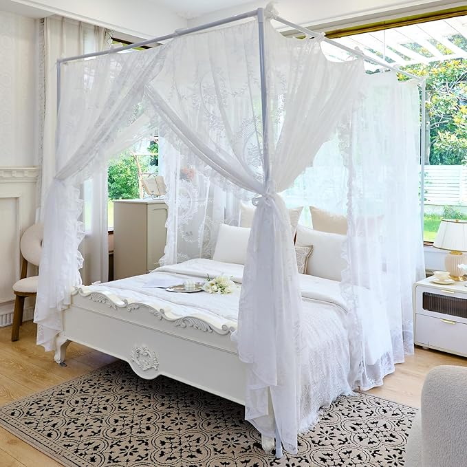 AIKASY Elegant Lace Princess 4-Poster Bed Canopy Mosquito Net - Romantic Wedding Bridal Bedroom Decor, Kids Room Bed Curtain for Women Adults - (White-2,Queen)