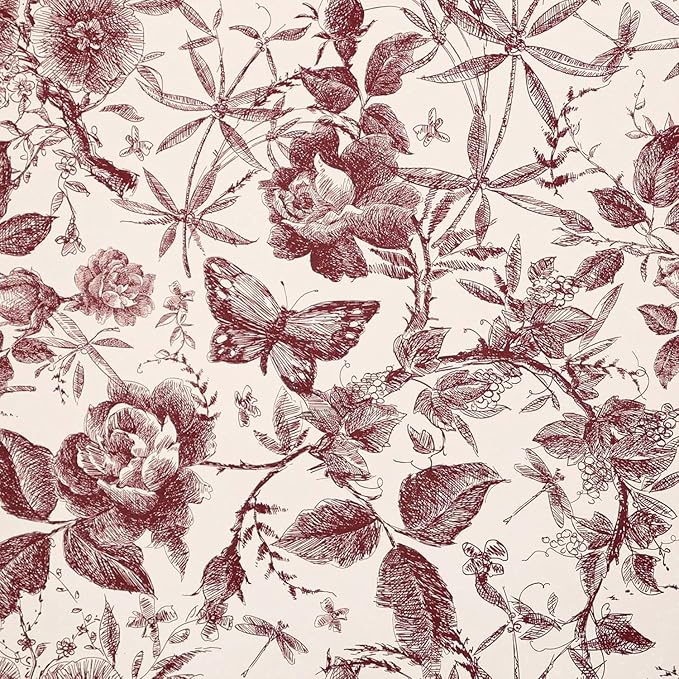Drawers Liner Contact Paper for Dresser Peel and Stick Wallpaper Sketched Design 15.7x393.7in Self Adhesive Removable Red Maroon Rose Floral Butterfly Vintage Cabinet Shelf Renter Friendly