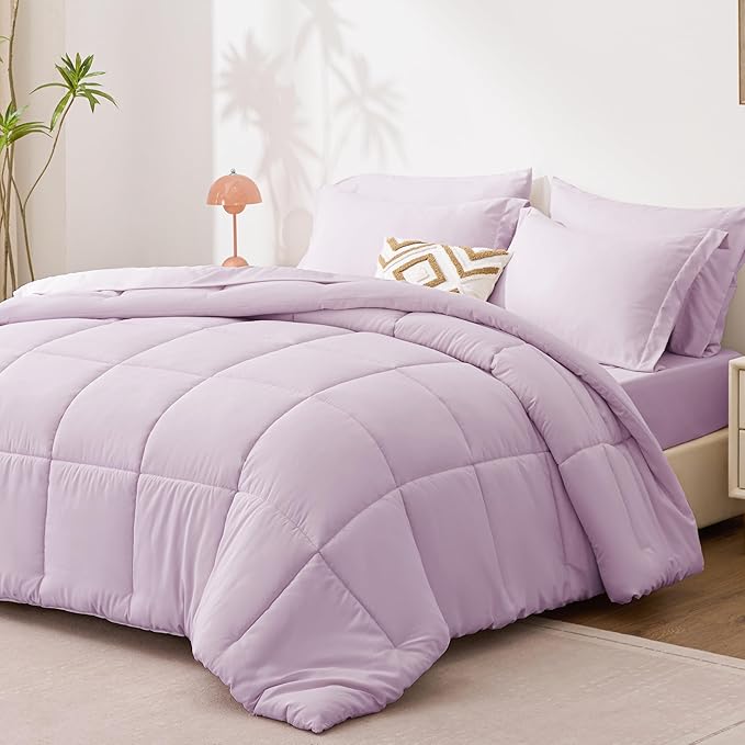Love's cabin Twin Comforter Set Light Purple, 5 Pieces Twin Bed in a Bag, All Season Bedding Sets with 1 Comforter, 1 Flat Sheet, 1 Fitted Sheet, 1 Pillowcase and 1 Pillow Sham