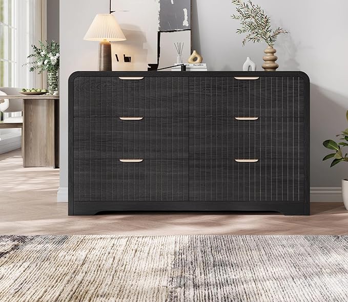 Modern 6 Drawer Dresser for Bedroom, 47" Wide Wood Dressers & Chests of Drawers Curved Profile Design, Mid Century Modern Fluted Dresser for Bedroom, Black Dresser