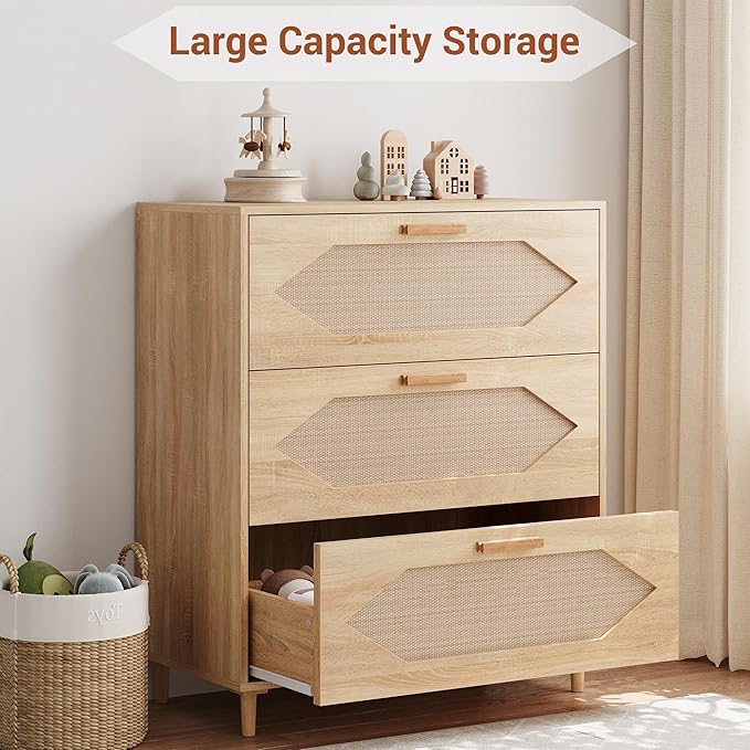 Dressers for Bedroom, 3 Drawer Rattan Dresser with Spacious Storage, Modern Wood Chest of Drawers, Rustic Oak Wooden Nightstand for Bedroom, Living Room, Hallway, Easy Assembly, Closet Organi