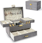 Dajasan Jewelry Organizer Box, Large Velvet Jewelry Boxes for Women Girls, Compact 3 Layers Jewelry Storage Case with Drawer, Movable Metal Stand, Modern, Gift Idea (Grey)