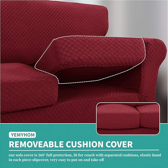 YEMYHOM Latest Checkered 3 Pieces Couch Covers for 2 Cushion Couch High Stretch Thickened Love Seat Sofa Cover for Dogs Pets Anti Slip Elastic Loveseat Slipcover (Wine Red), 55"-69"(2 Cushions)