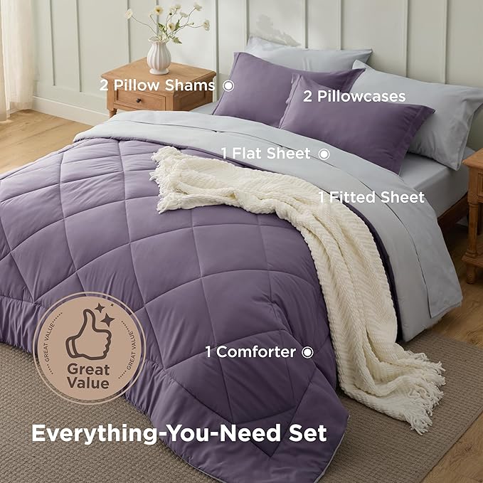 Bedsure Queen Comforter Set - 7 Pieces Reversible Grayish Purple Bedding, Queen Size Bed Set for All Seasons, Bed in a Bag with Down Alternative Comforter, Sheets, Pillowcases & Shams