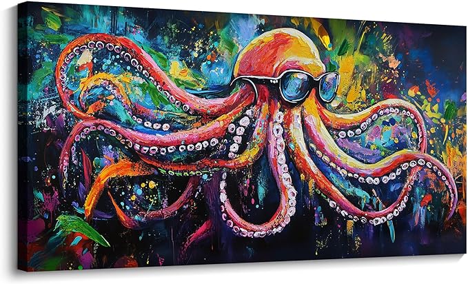 JEAWA Octopus Canvas Wall Art, Abstract Marine Life Modern Graffiti Texture Wall Painting for Living Room Bathroom Bedroom Men Teenage Boy Room Game Room Cool Posters Pictures Decor 20x40 IN