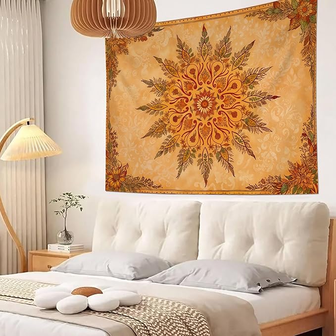 Accnicc Boho Mandala Floral Tapestry Vintage Bohemian Indian Tapestries for Bedroom Aesthetic Retro Orange Yellow Flower Small Tapestry Wall Hanging for Dorm Living Room Decor 48 x 36 Inch