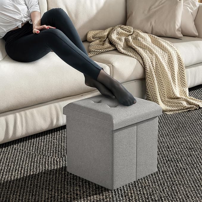 MoNiBloom 15 Inches Storage Ottoman Cube, Folding Square Foot Rest Stool, Small Ottoman Footrest with Storage for Living Room, Bedroom, Entryway, Light Gray