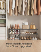 SONGMICS Shoe Rack, 2-Tier Shoe Organizer, Metal Storage Shelf, Upright or Upside Down, for 6-9 Pairs, Stackable, for Entryway, 11.8 x 26.8 x 13.2 Inches, Black ULSA202B01