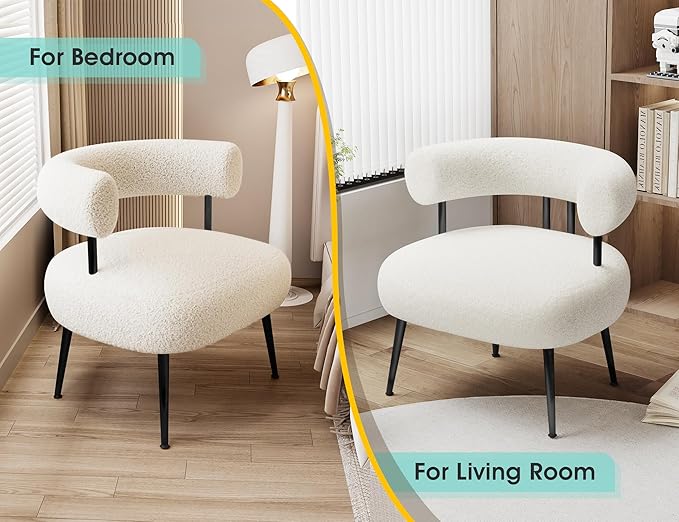 Mid Century Sherpa Boucle Accent Chair, Round Upholstered Barrel Arm Chair for Small Spaces, Fluffy Side Corner Sofa Chair for Living Room, Bedroom, Vanity, Office, Reading Nook