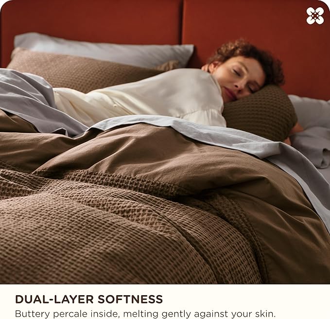 Bedsure Cotton Duvet Cover Set - 100% Cotton Waffle Weave Brown Duvet Cover Oversized King Size, GentleSoft™ and Breathable Bedding Set for All Season, 3 Pieces, 120"x98"