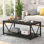 EXCEFUR Small Coffee Table, Modern Living Room Tables with Storage Shelf, Rustic Wood Rectangle Center Table, 2 Tier Wooden Low Cocktail Tea Table for Small Spaces, 39.3 Inch Black Oak
